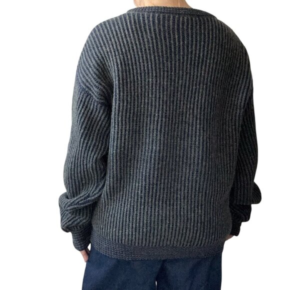 Vintage Mens Navy Blue Gray Ribbed 100% Wool Oversized Crew Neck Sweater Sz 1XL - Picture 7 of 9
